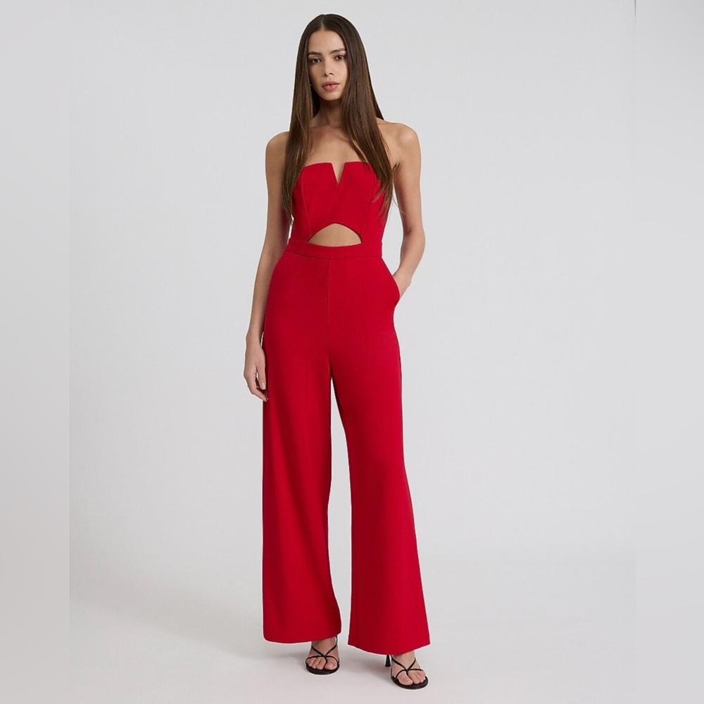 NWT Express Red Strapless Wide-Leg Jumpsuit with Front Cutout